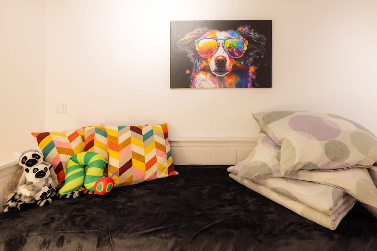 Gemütliches Ferienhaus mit Hund, bunten Kissen und Plüschtieren.